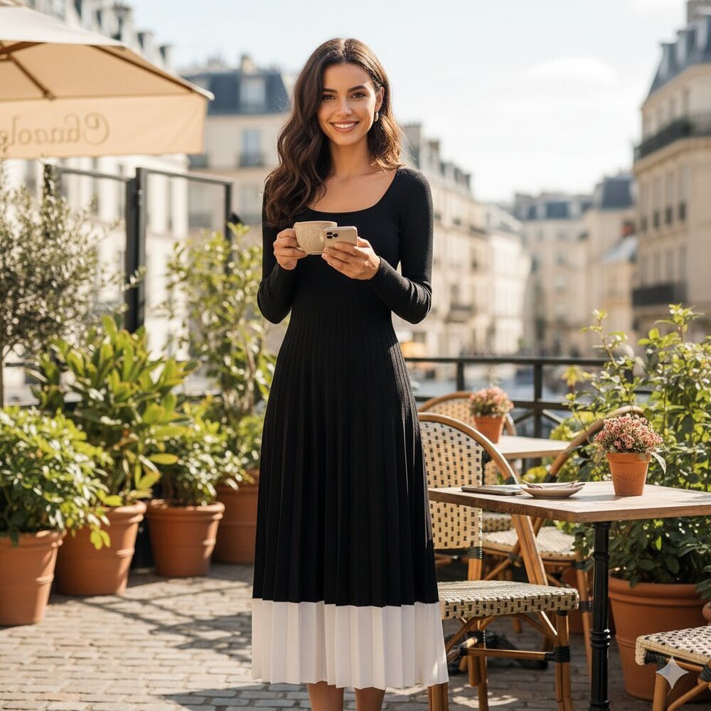 Moon River Long Sleeve Two Tone Pleated Dress Knit Sweater Dress Black One Size